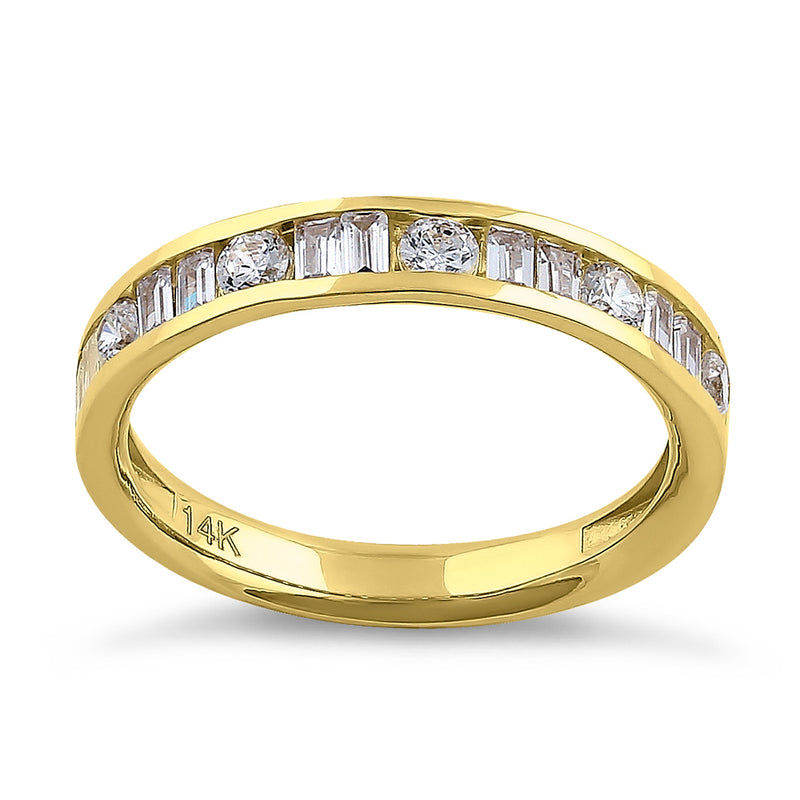 Solid 14K Yellow Gold Channel Round & Baguette Straight CZ Eternity Band
