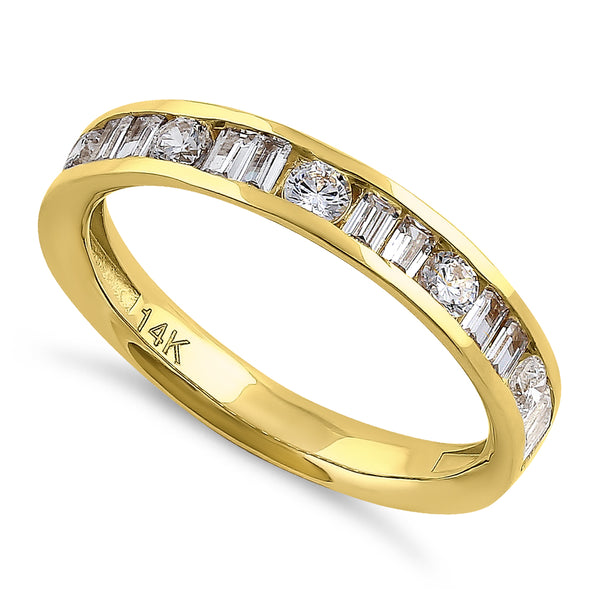 Solid 14K Yellow Gold Channel Round & Baguette Straight CZ Eternity Band