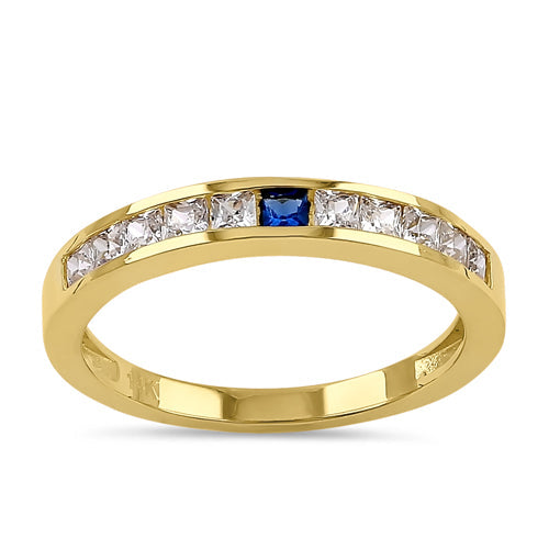 Solid 14K Yellow Gold Clear and Sapphire Princess CZ Ring