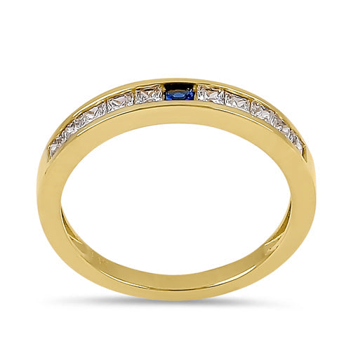 Solid 14K Yellow Gold Clear and Sapphire Princess CZ Ring