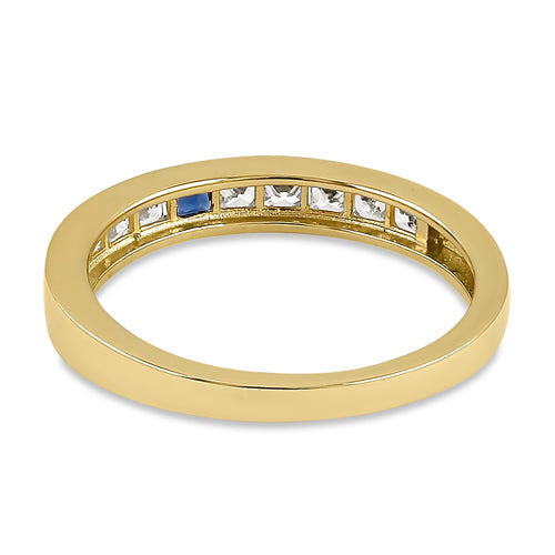 Solid 14K Yellow Gold Clear and Sapphire Princess CZ Ring