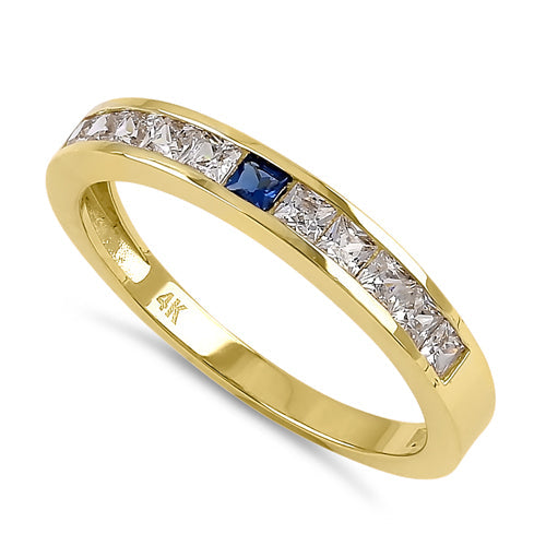 Solid 14K Yellow Gold Clear and Sapphire Princess CZ Ring