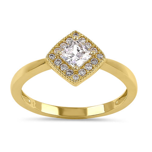 Solid 14K Yellow Gold Princess Diamond Halo CZ Ring