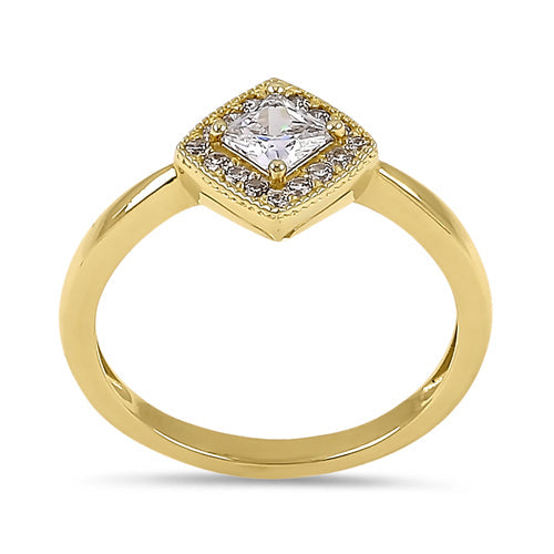 Solid 14K Yellow Gold Princess Diamond Halo CZ Ring