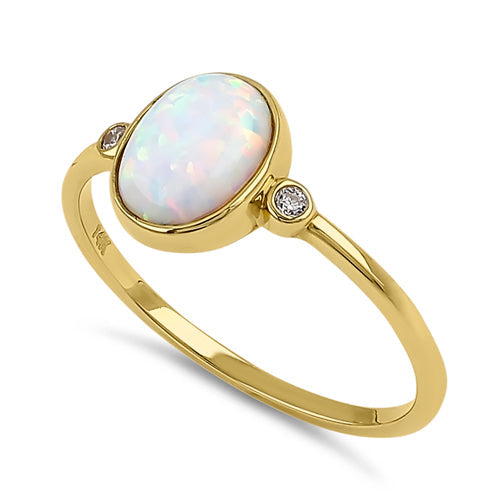 Solid 14K Yellow Gold Oval Opal CZ Ring