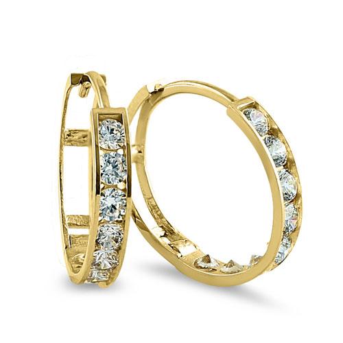 Solid 14K Yellow Gold CZ Hoop Earrings