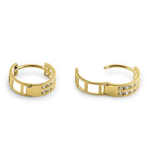 Solid 14K Yellow Gold CZ 2 Row Hoop Earrings