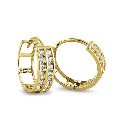 Solid 14K Yellow Gold CZ 2 Row Hoop Earrings