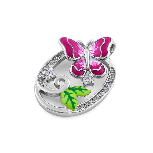 Sterling Silver Hand-Painted Magenta Butterfly CZ Pendant