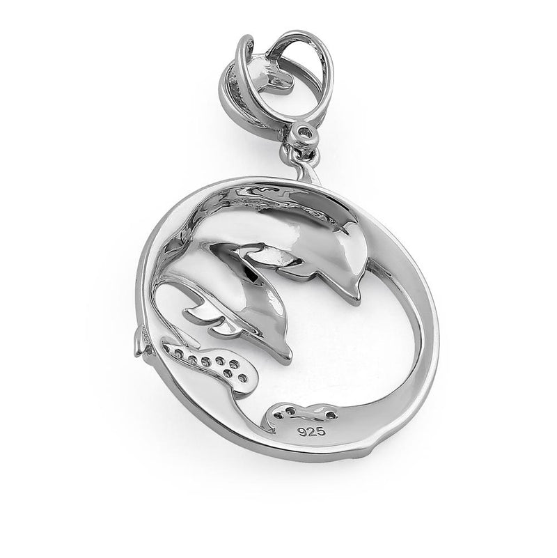 Sterling Silver Hand-Painted Twin Dolphin CZ Pendant