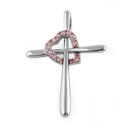 Sterling Silver Rose Gold Plated Cross Heart Pink CZ Pendant