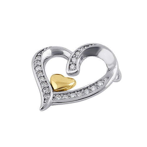 Solid 14K White & Yellow Gold Accent Double Heart Diamond Pendant