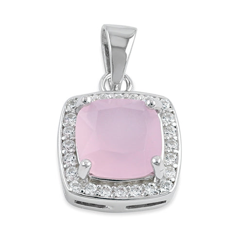 Sterling Silver Milky Pink Glass Cushion Halo Pendant