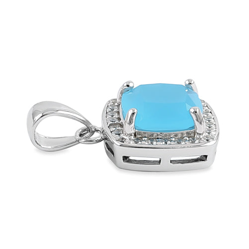 Sterling Silver Milky Blue Glass Cushion Halo Pendant