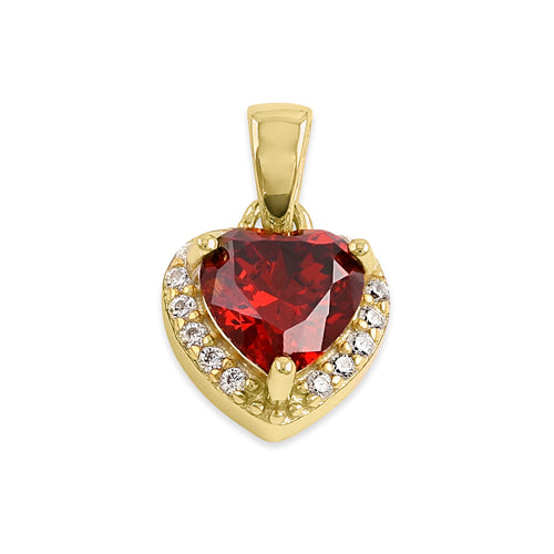 Sterling Silver Gold Plated Small Garnet + Clear CZ Heart Pendant