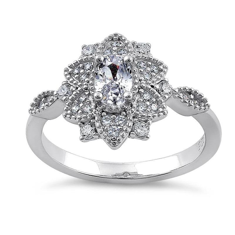 Sterling Silver Ornate Flower Oval & Round CZ Ring