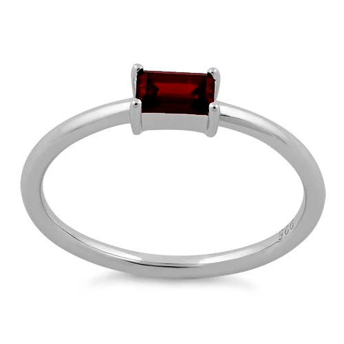 Sterling Silver Dainty Baguette Straight Dark Garnet CZ Ring