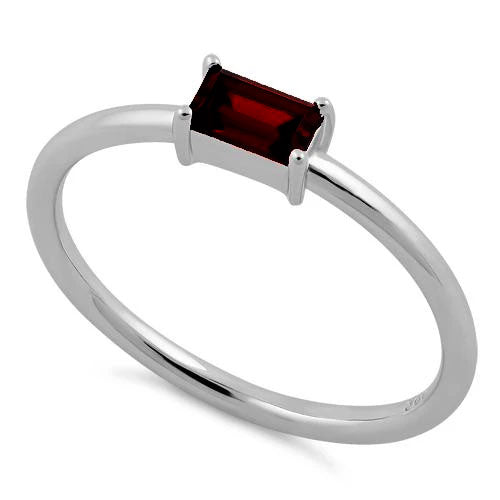 Sterling Silver Dainty Baguette Straight Dark Garnet CZ Ring