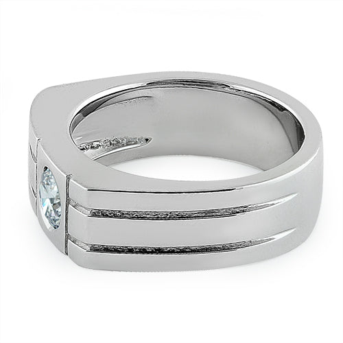 Sterling Silver Men's Offset Round Cut Clear CZ Ring