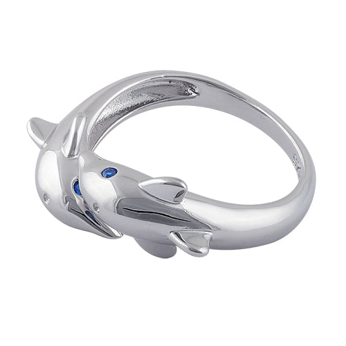 Sterling Silver Twin Dolphin Blue CZ Ring