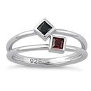 Sterling Silver Double Princess Cut Black & Garnet CZ Ring