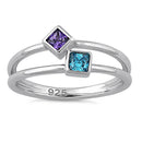 Sterling Silver Double Princess Cut Amethyst & Blue Topaz CZ Ring