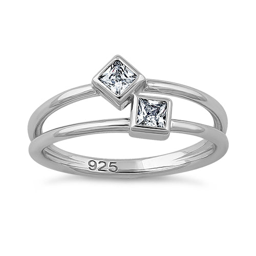 Sterling Silver Double Princess Cut Clear CZ Ring