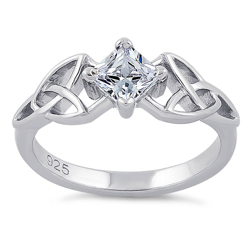 Sterling Silver Celtic Princess Cut Clear CZ Ring