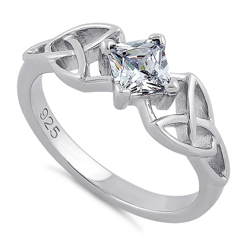 Sterling Silver Celtic Princess Cut Clear CZ Ring
