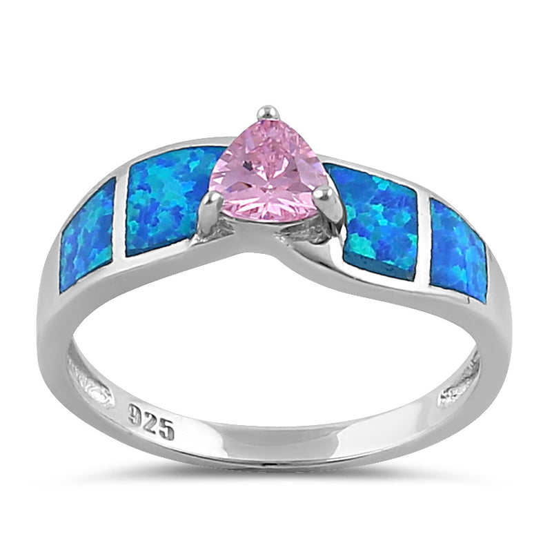 Sterling Silver Pink Center Trillion Cut Stone Blue Lab Opal Ring