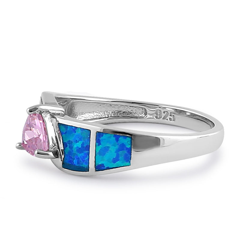 Sterling Silver Pink Center Trillion Cut Stone Blue Lab Opal Ring