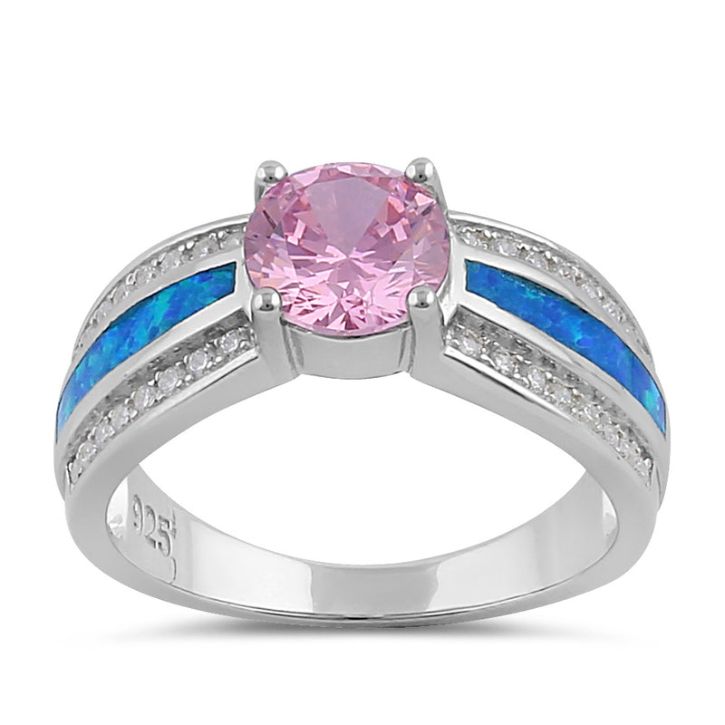 Sterling Silver Lab Opal Round Pink CZ Ring