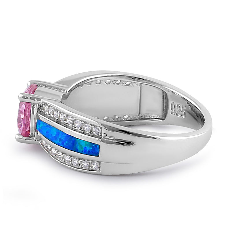 Sterling Silver Lab Opal Round Pink CZ Ring