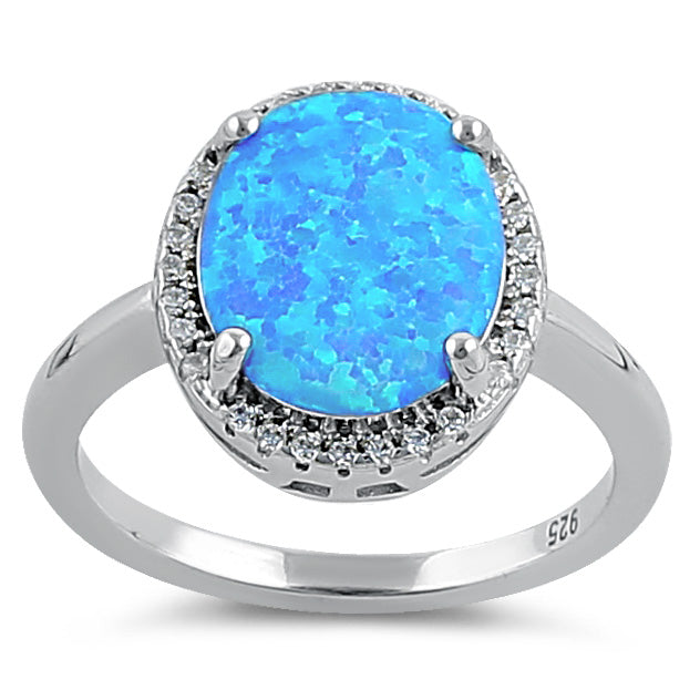 Sterling Silver Blue Lab Opal Oval Halo Clear CZ Ring