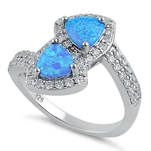 Sterling Silver Blue Lab Opal Double Trillion Clear CZ Ring