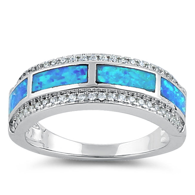 Sterlig Silver Elegant Blue Lab Opal Clear CZ Band Ring