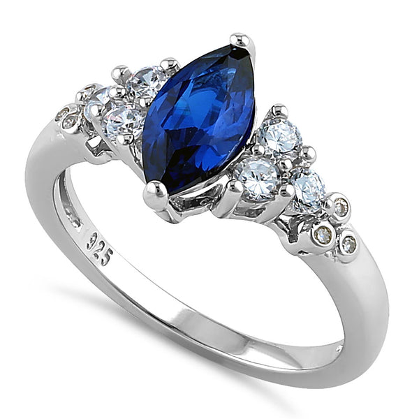 Sterling Silver Stylish Marquise & Round Cut Clear & Blue Spinel CZ Ring