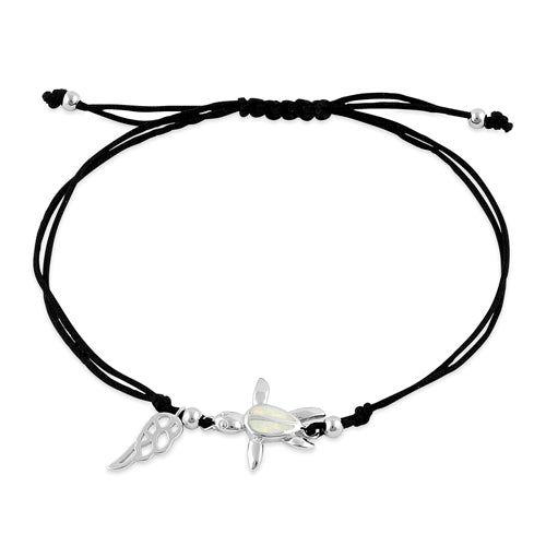 Sterling Silver Winged White Lab Opal Sea Turtle Adjustable Silk Bracelet