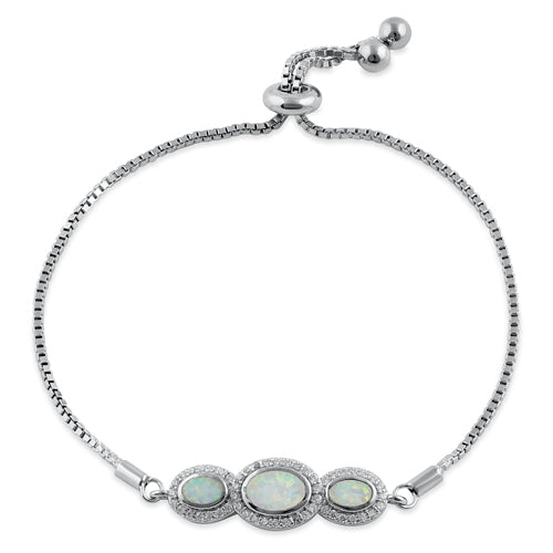 Sterling Silver Adjustable Triple Oval White Lab Opal & Clear CZ Box Chain Bracelet