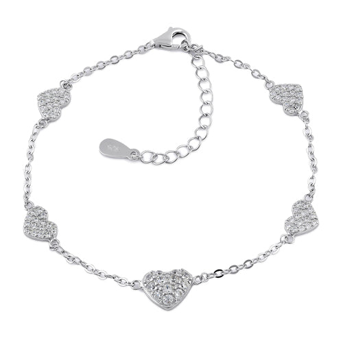 Sterling Silver Clear CZ Heart Charm Bracelet