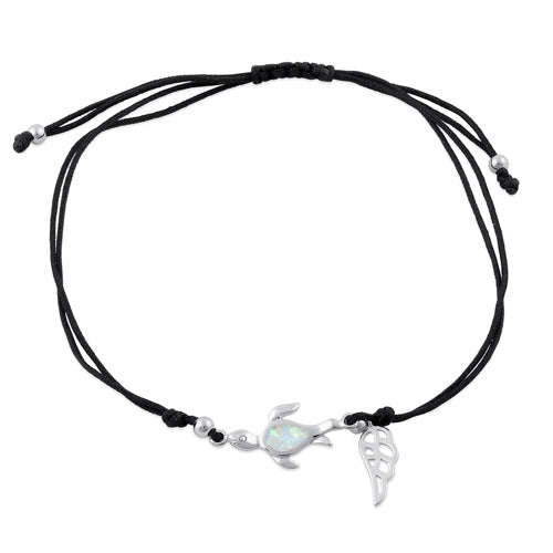 Sterling Silver Winged White Lab Opal Flatback Sea Turtle Adjustable Silk Bracelet