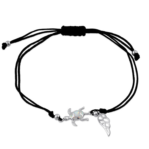 Sterling Silver Winged White Lab Opal Turtle Adjustable Silk Bracelet