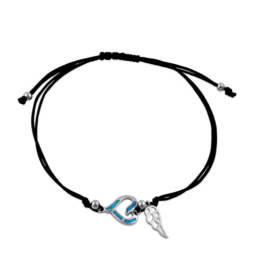Sterling Silver Winged Blue Lab Opal Open Heart Adjustable Silk Bracelet
