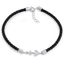 Sterling Silver Black Leather Anchor Bracelet