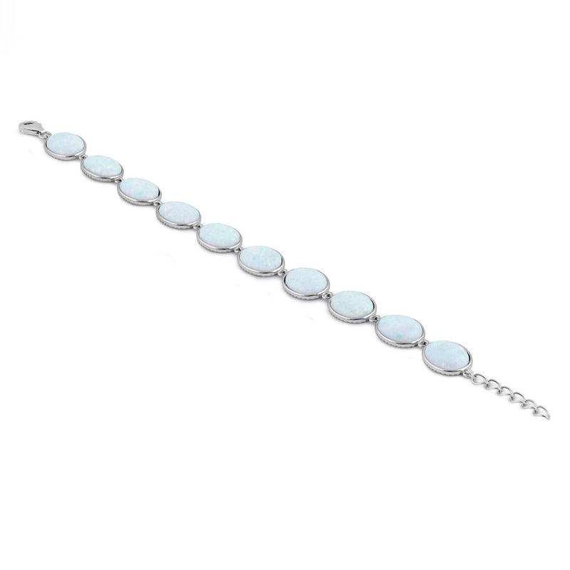 Sterling Silver White Lab Opal 12.0mm x 10.0mm Oval Beads Bracelet