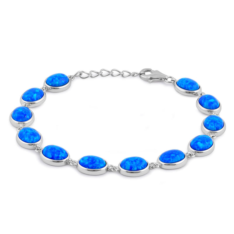 Sterling Silver Blue Lab Opal 9.0mm x 7.0mm Oval Beads Bracelet