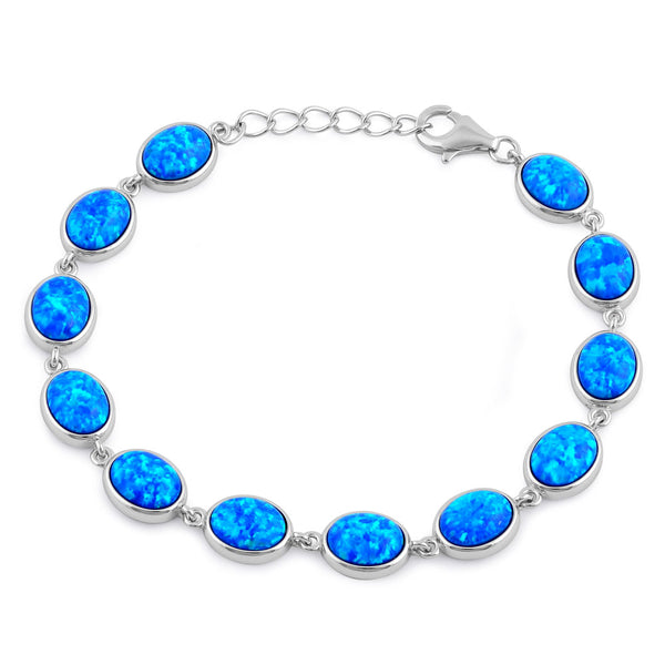 Sterling Silver Blue Lab Opal 9.0mm x 7.0mm Oval Beads Bracelet
