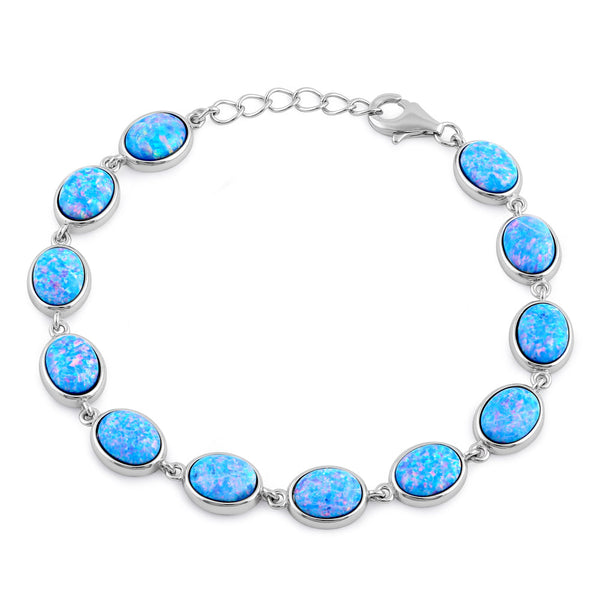 Sterling Silver Blue Lavender Lab Opal 9.0mm x 7.0mm Oval Beads Bracelet