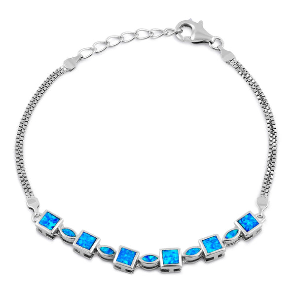 Sterling Silver Blue Lab Opal Marquise and Square Beaded Bracelet