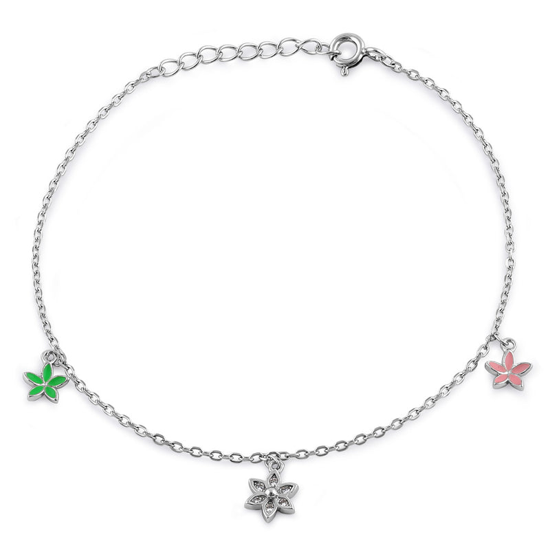 Sterling Silver Dainty Multi-Colored Charm Flower Hand Painted Clear CZ Bracelet